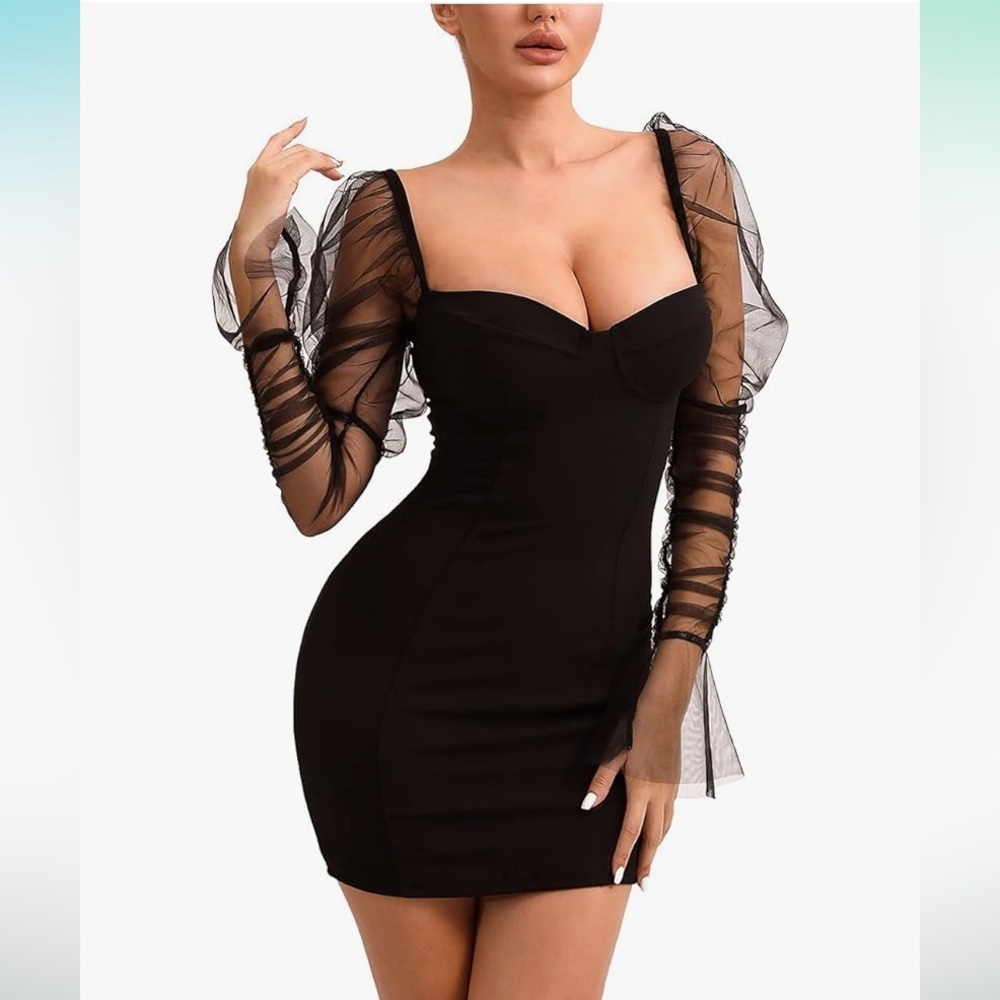 NWOT Sheer Puff Long Sleeve Club Dress Bodycon Halloween Party Clubwear
